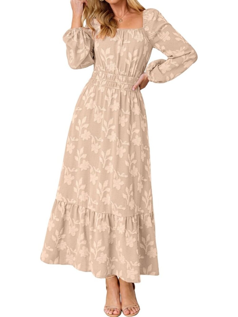 🆕 Women's Beige Long Sleeve Square Neck High Waist Boho Casual Maxi Dress